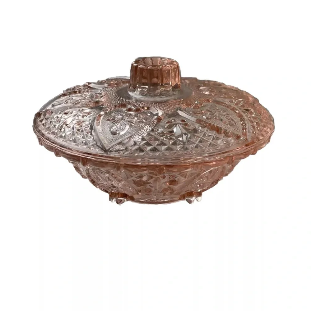 Kig Pink Depression Glass Flowers & Hearts Trinket/Candy Dish With Lid 7 Inches - Picture 5 of 10